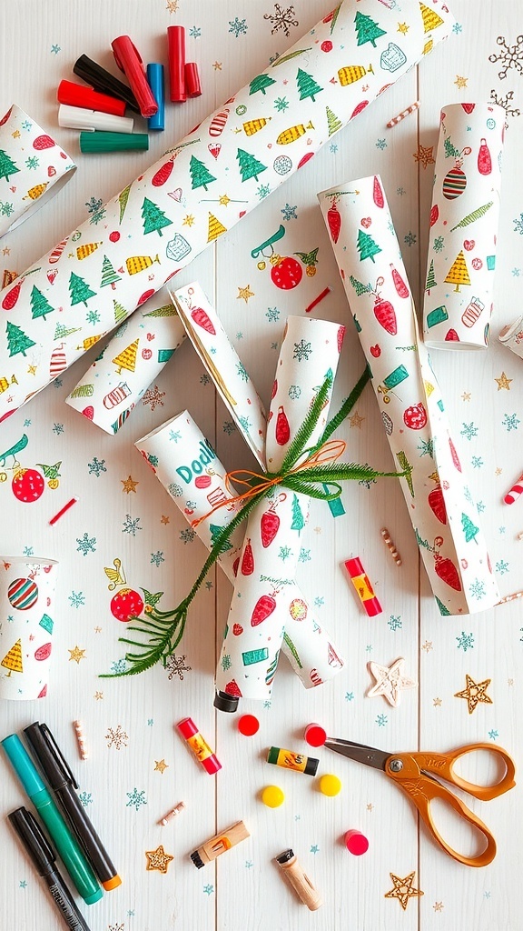 Handmade Christmas doodles wrapping paper with colorful designs on a crafting table.